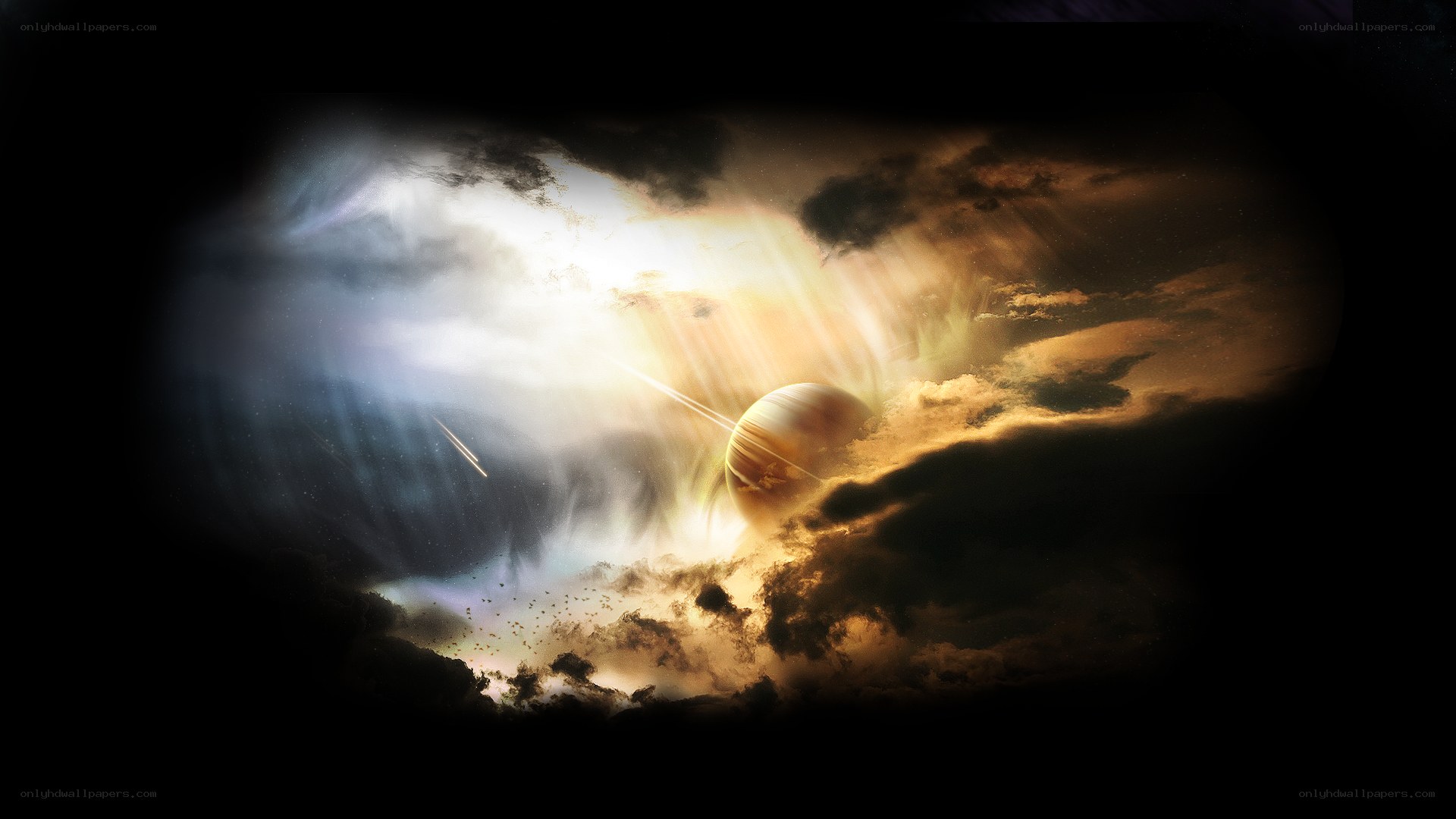 Cosmic planet in stormy sky