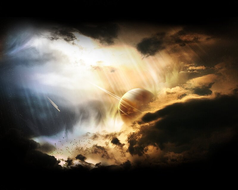Cosmic planet in stormy sky