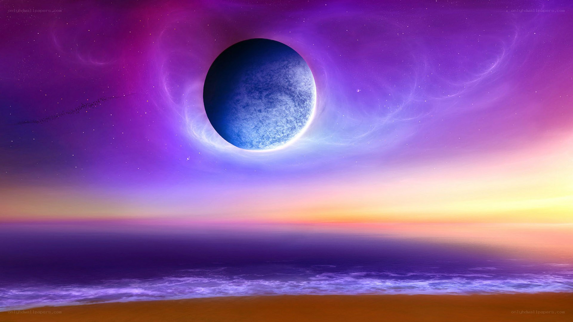 Cosmic planet over ocean sunset