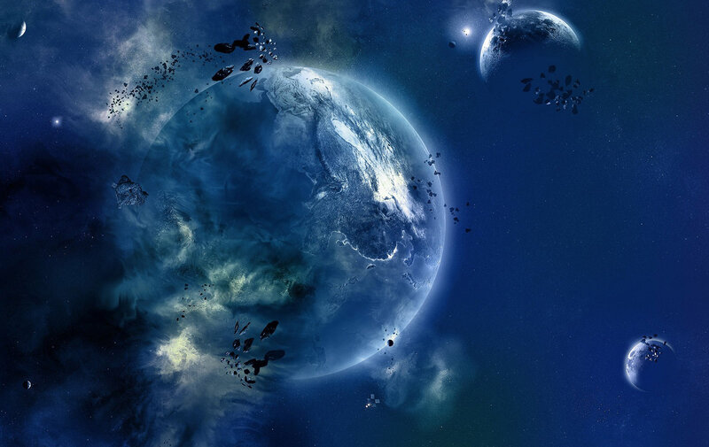 Cosmic planet with asteroids