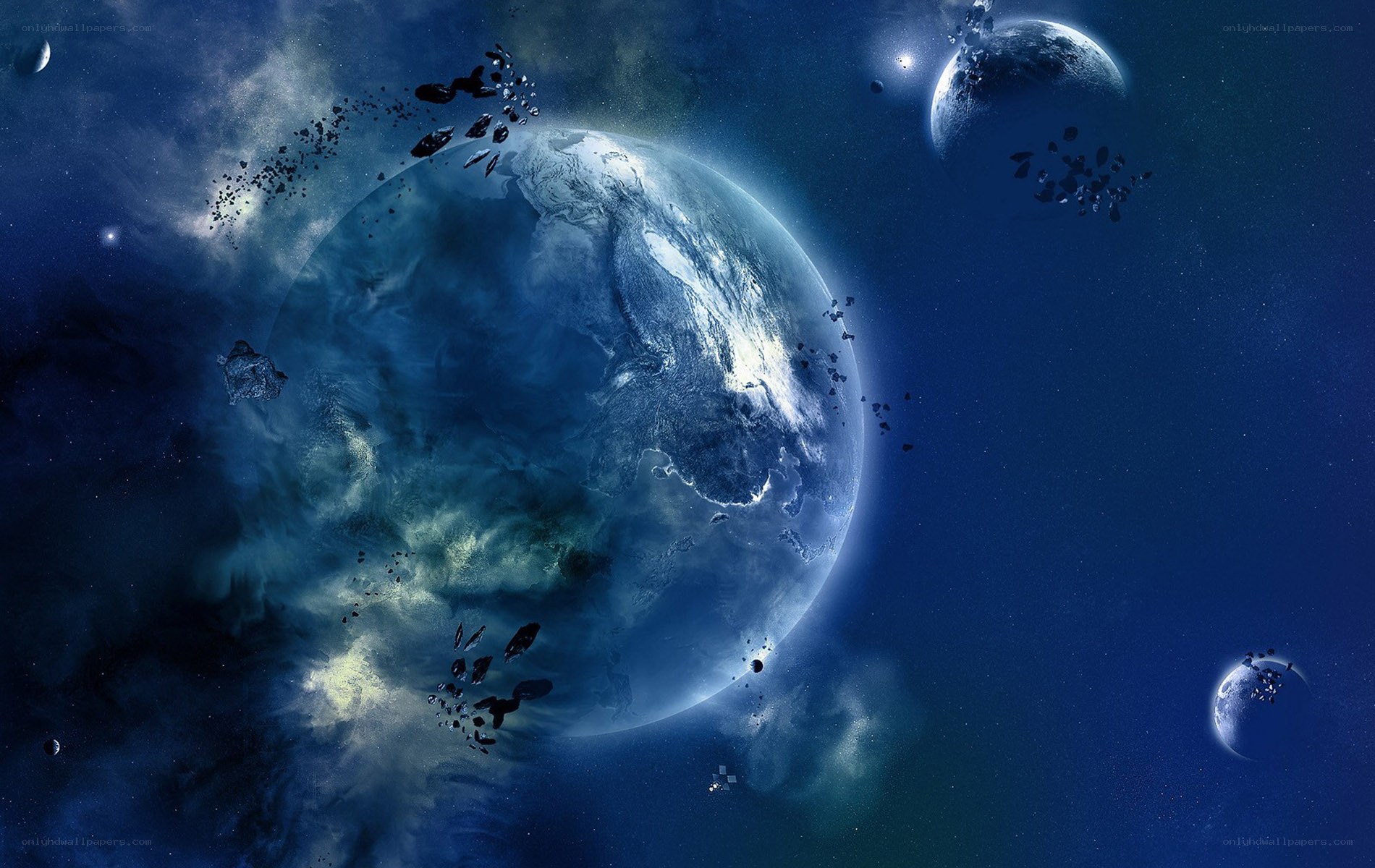 Cosmic planet with asteroids
