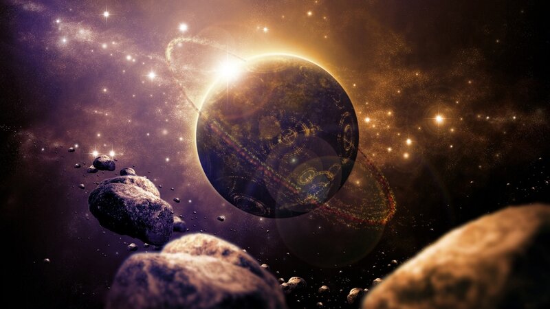 Cosmic planet with asteroids
