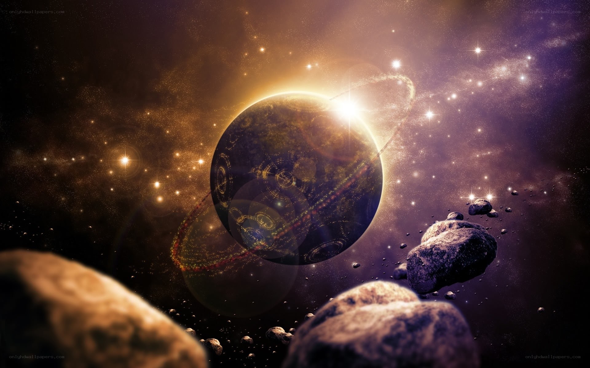 Cosmic planet with asteroids