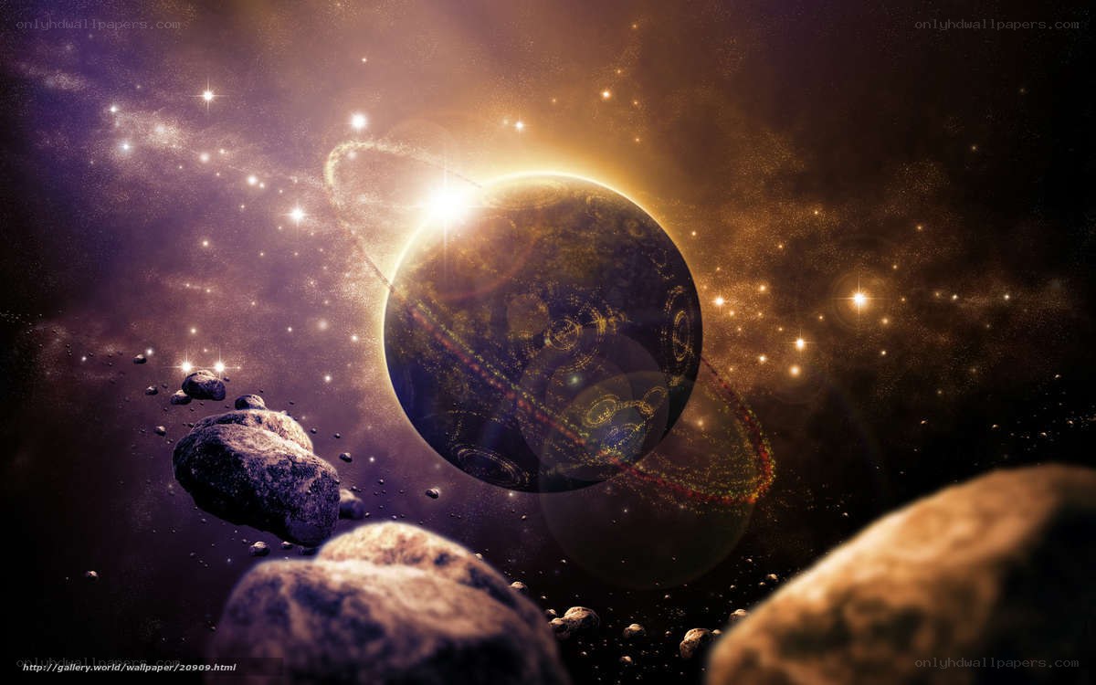 Cosmic planet with asteroids