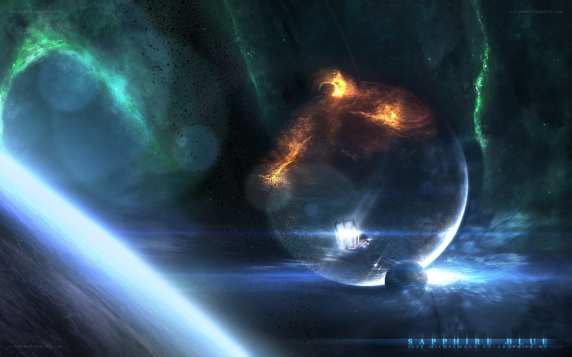 Cosmic planet with glowing nebula