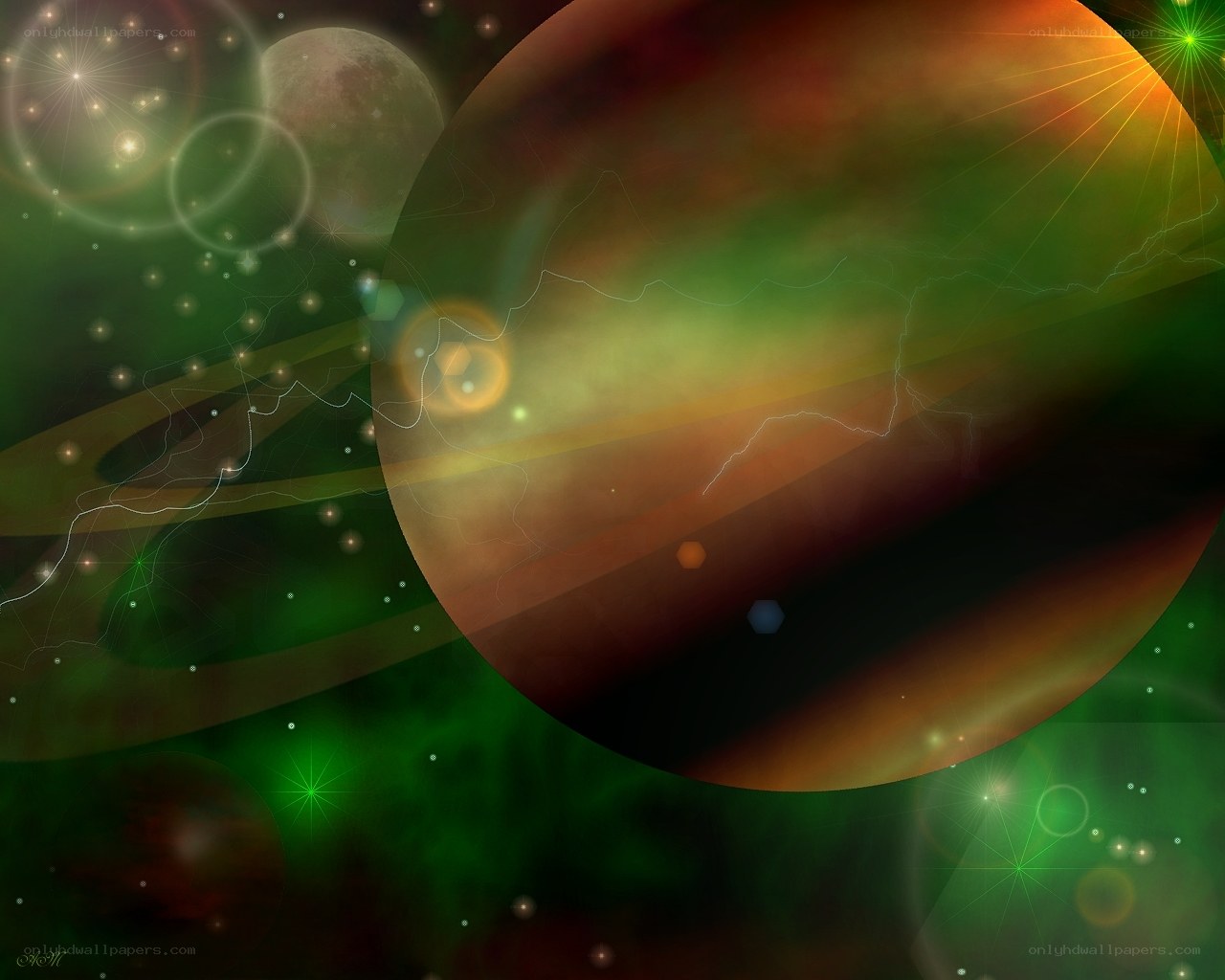 Cosmic planet with green nebula