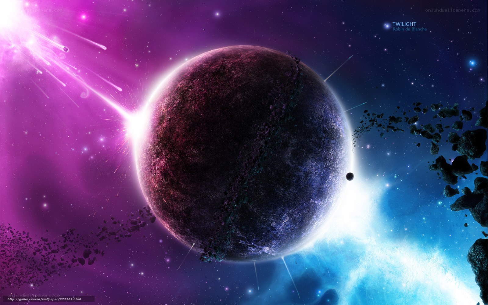 Cosmic planet with meteor shower