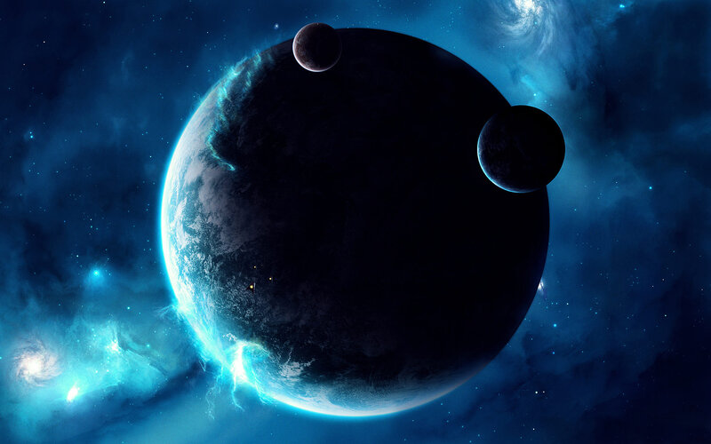 Cosmic planet with moons