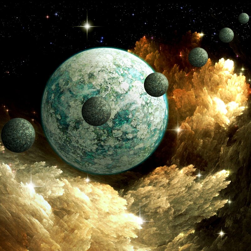 Cosmic planet with moons