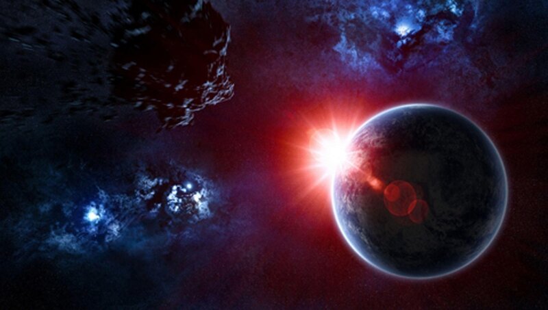 Cosmic planet with red star