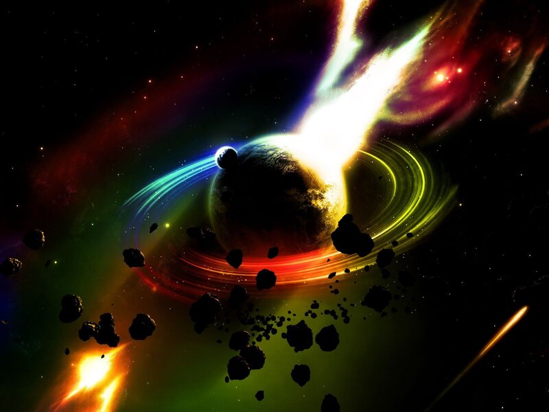 Cosmic planet with rings and asteroids