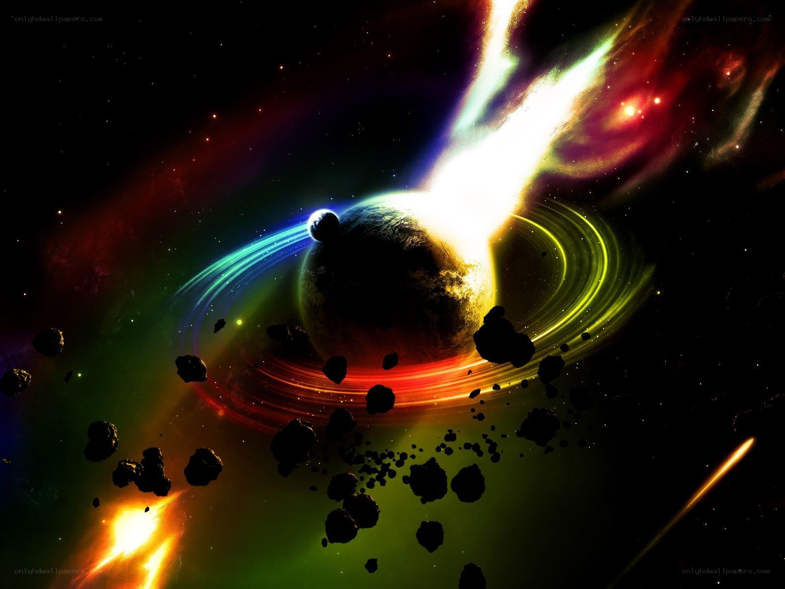 Cosmic planet with rings and asteroids