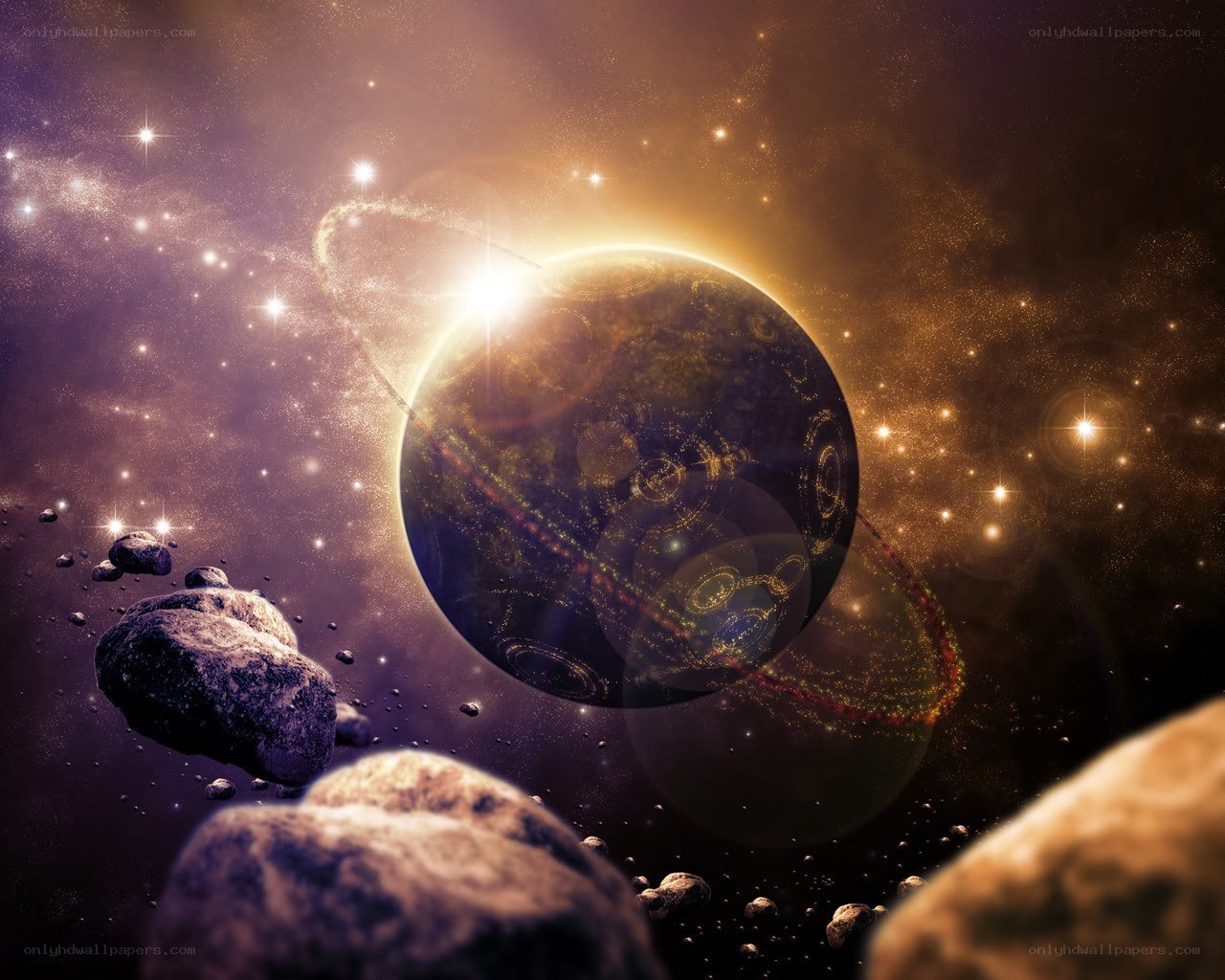 Cosmic planet with rings and asteroids
