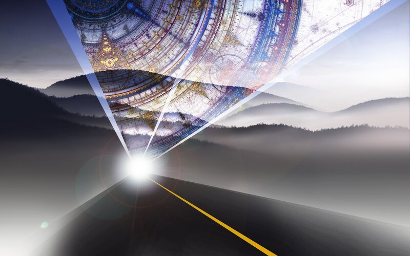 Cosmic portal over mountain road