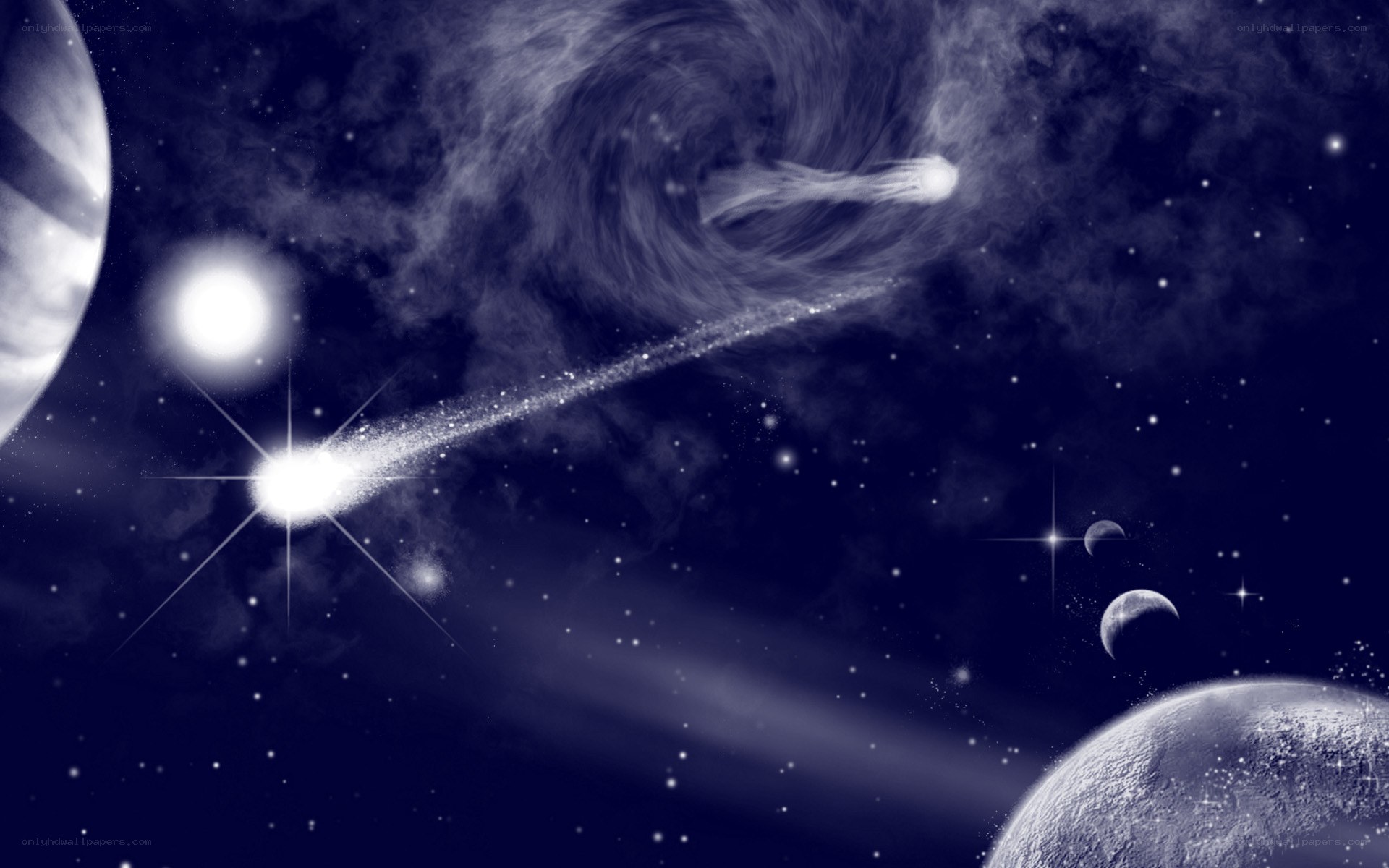 Cosmic scene with comets and planets