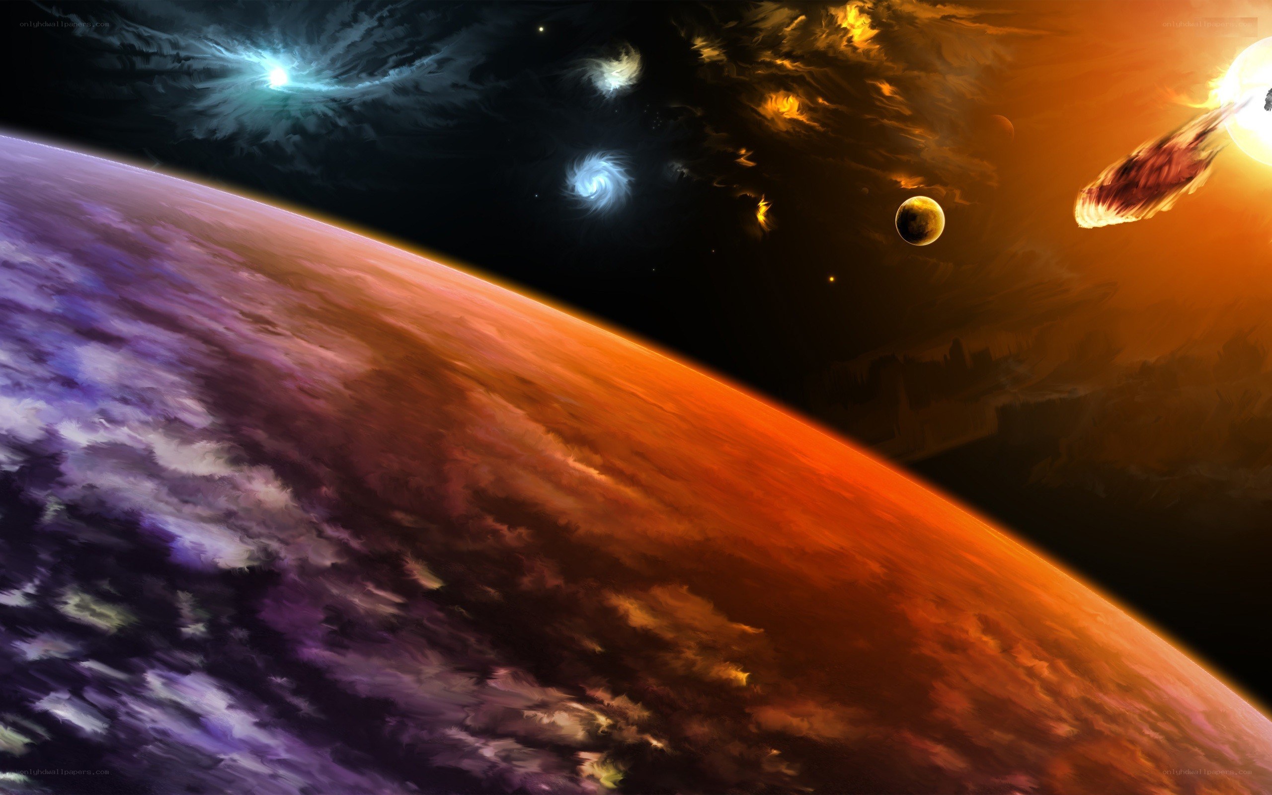 Cosmic scene with planet and meteor