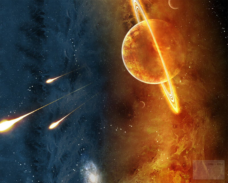 Cosmic scene with planet and meteors