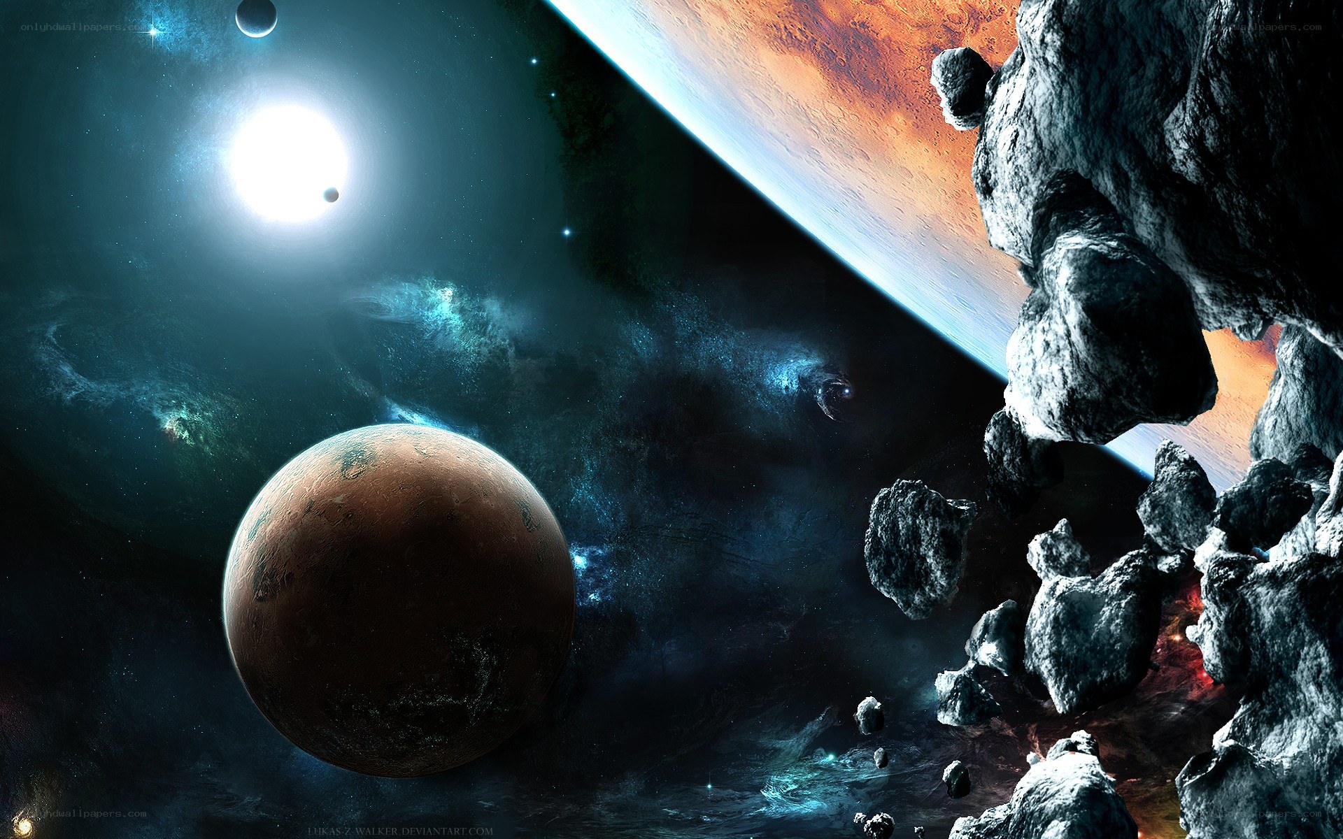 Cosmic scene with planets and asteroids