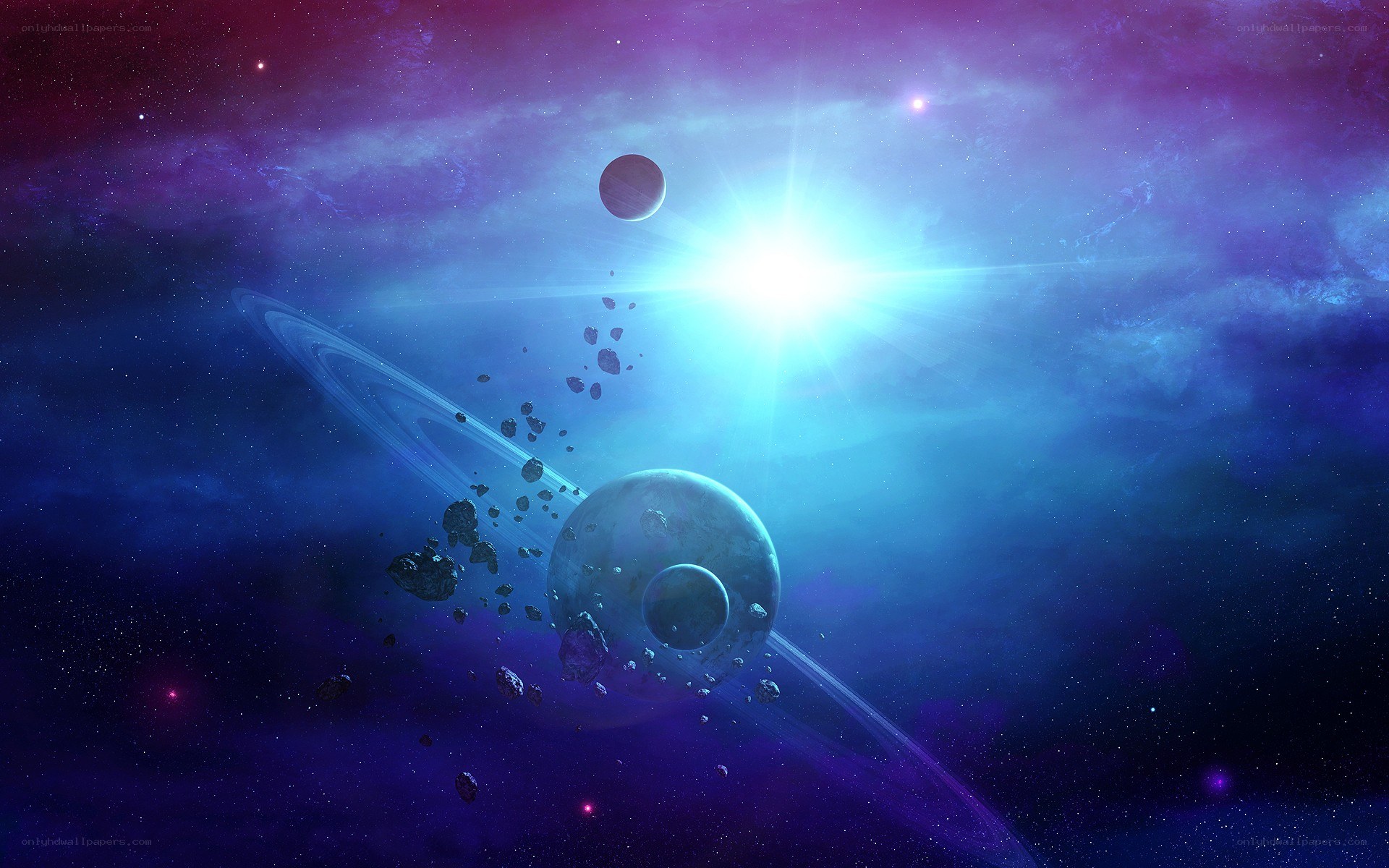 Cosmic scene with planets and asteroids