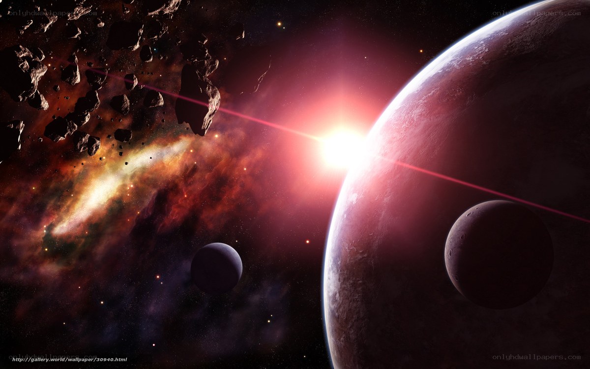 Cosmic scene with planets and asteroids