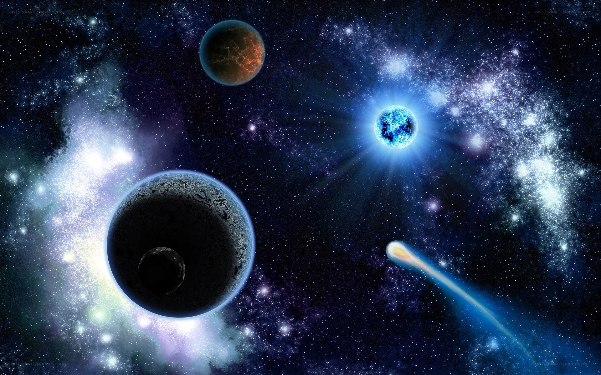 Cosmic scene with planets and comet