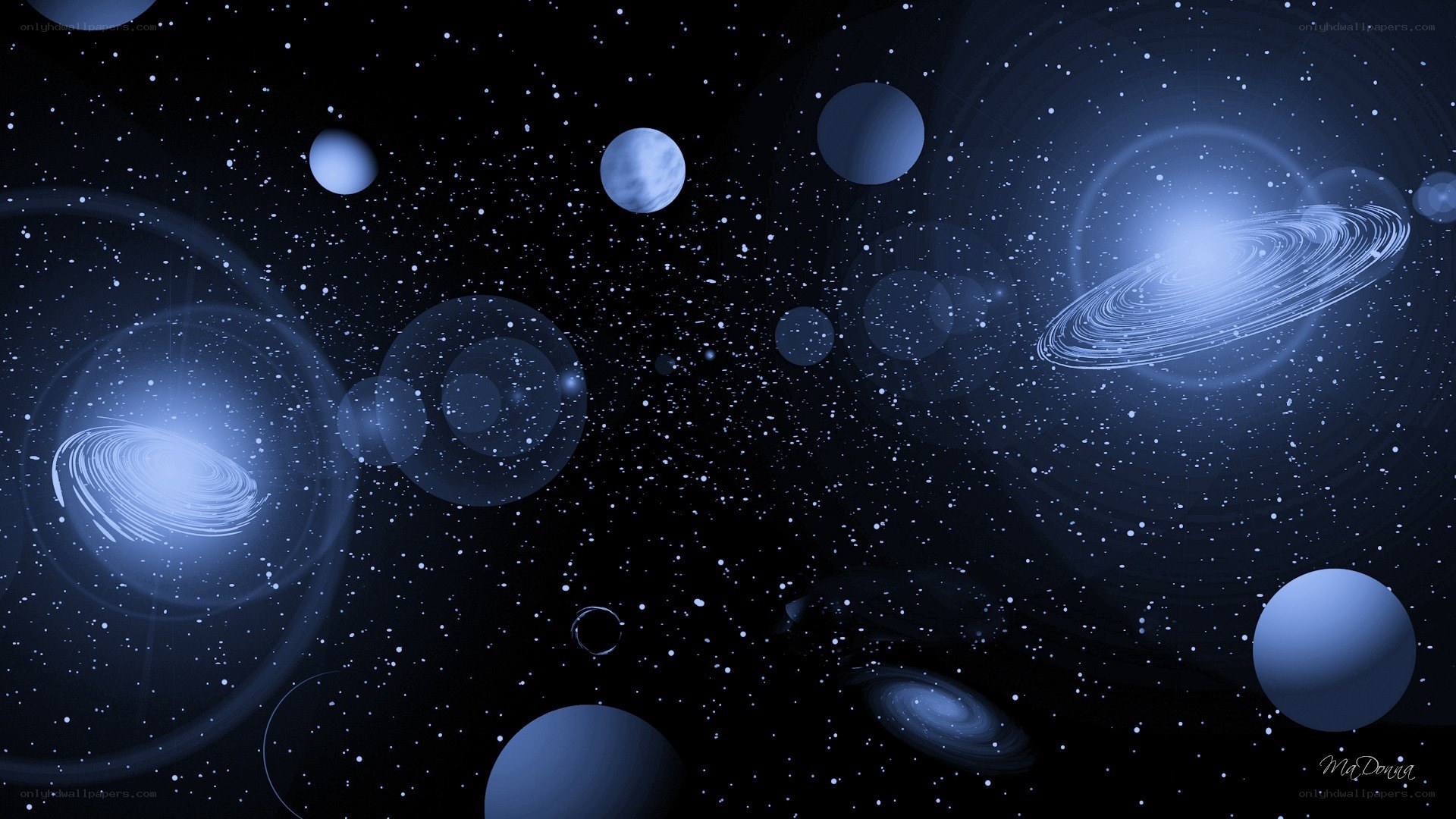 Cosmic scene with planets and galaxies