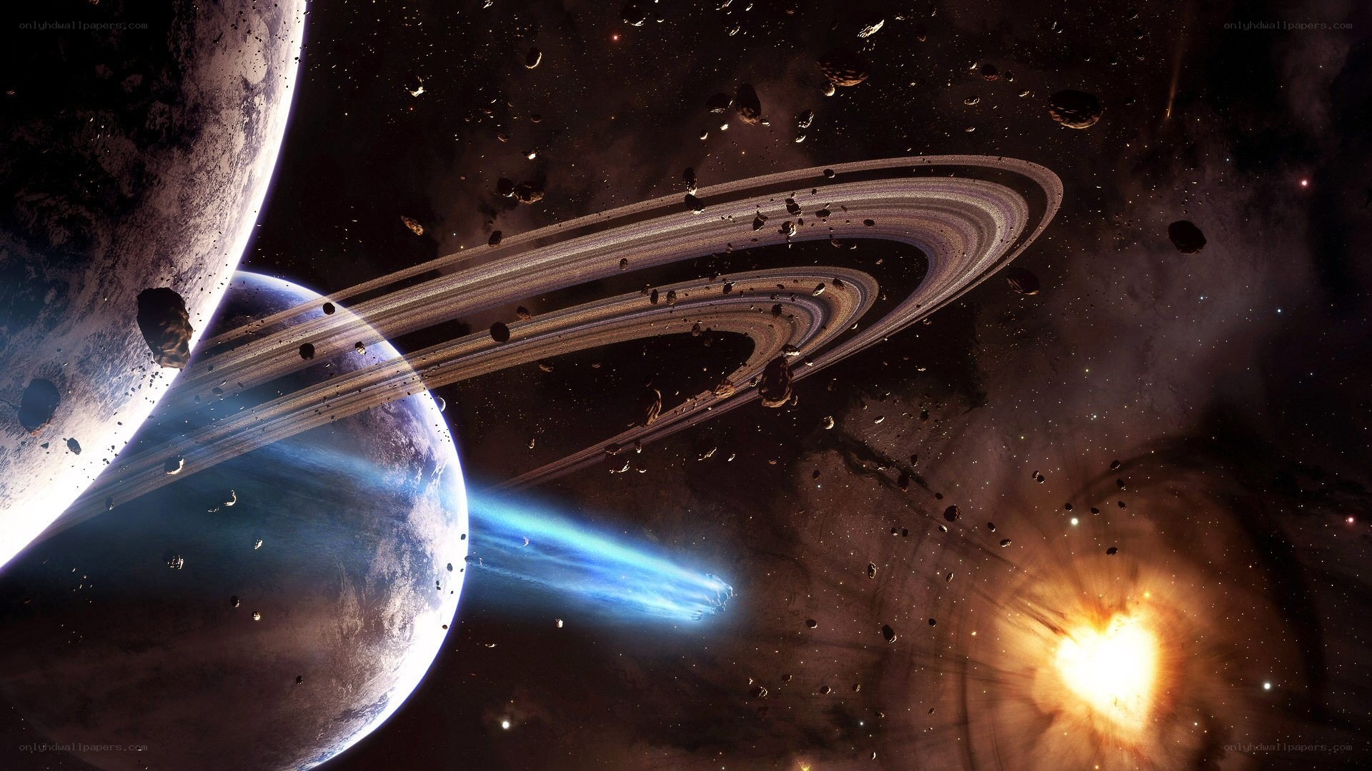 Cosmic scene with planets and rings