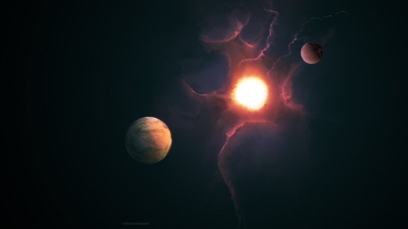 Cosmic scene with planets and star