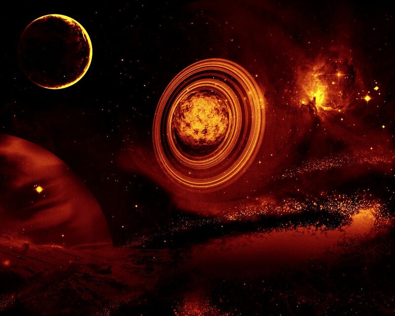 Cosmic scene with ringed planet