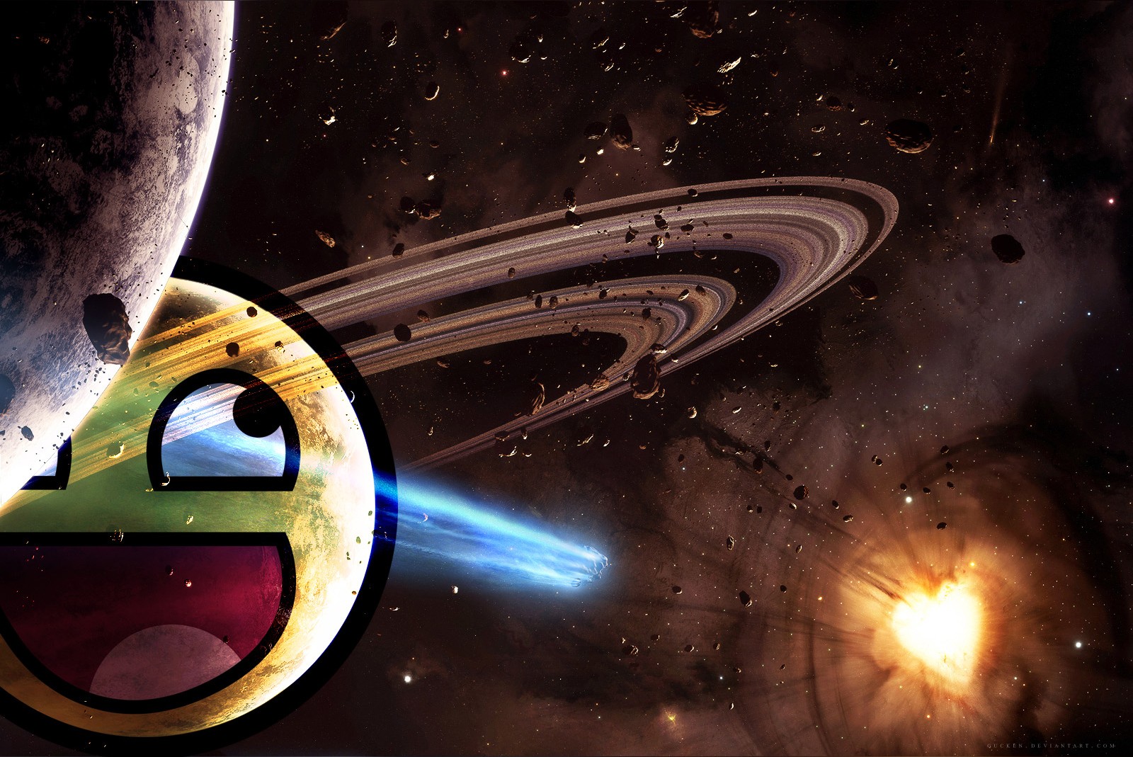 Cosmic scene with smiley face
