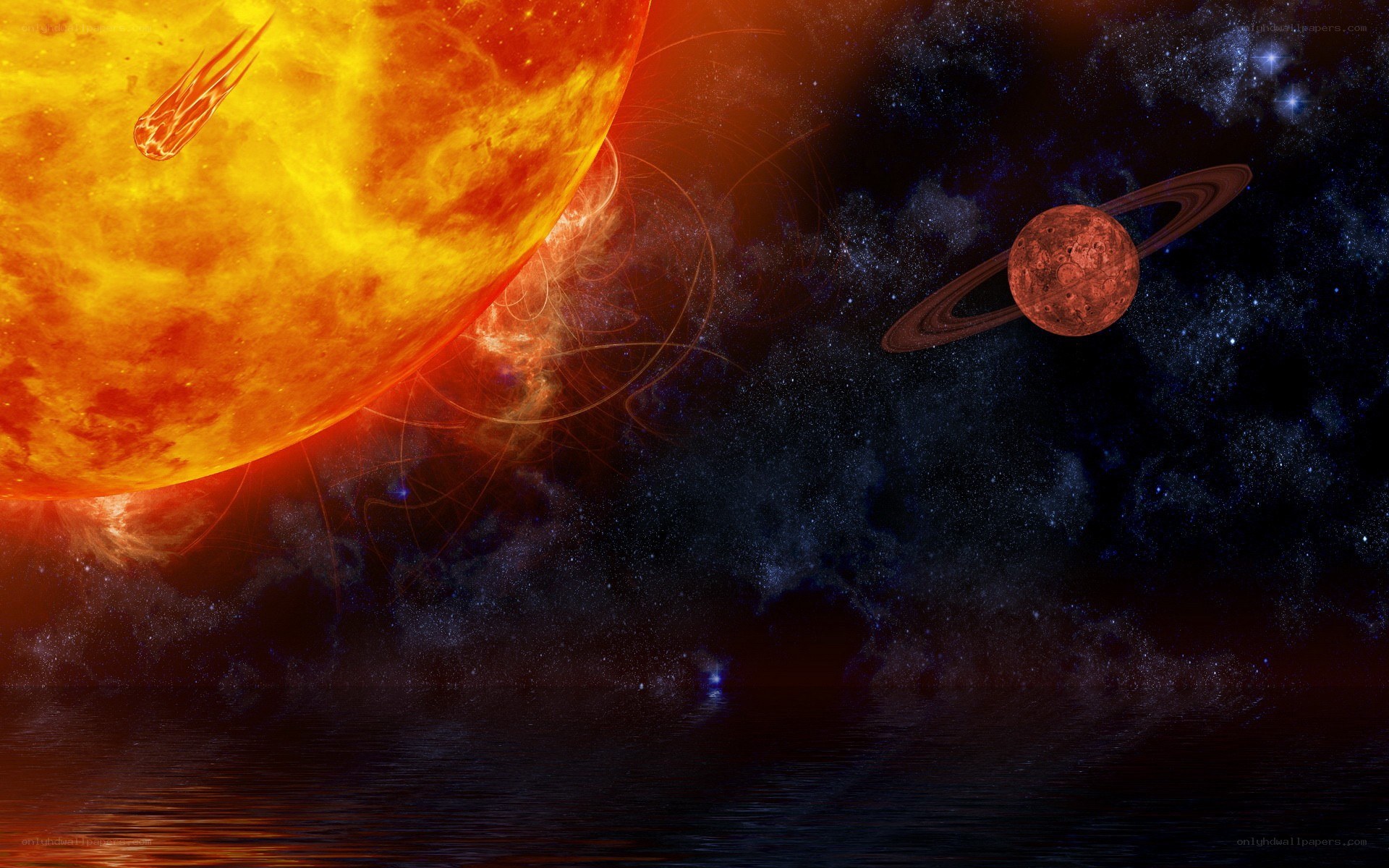 Cosmic scene with sun and planet