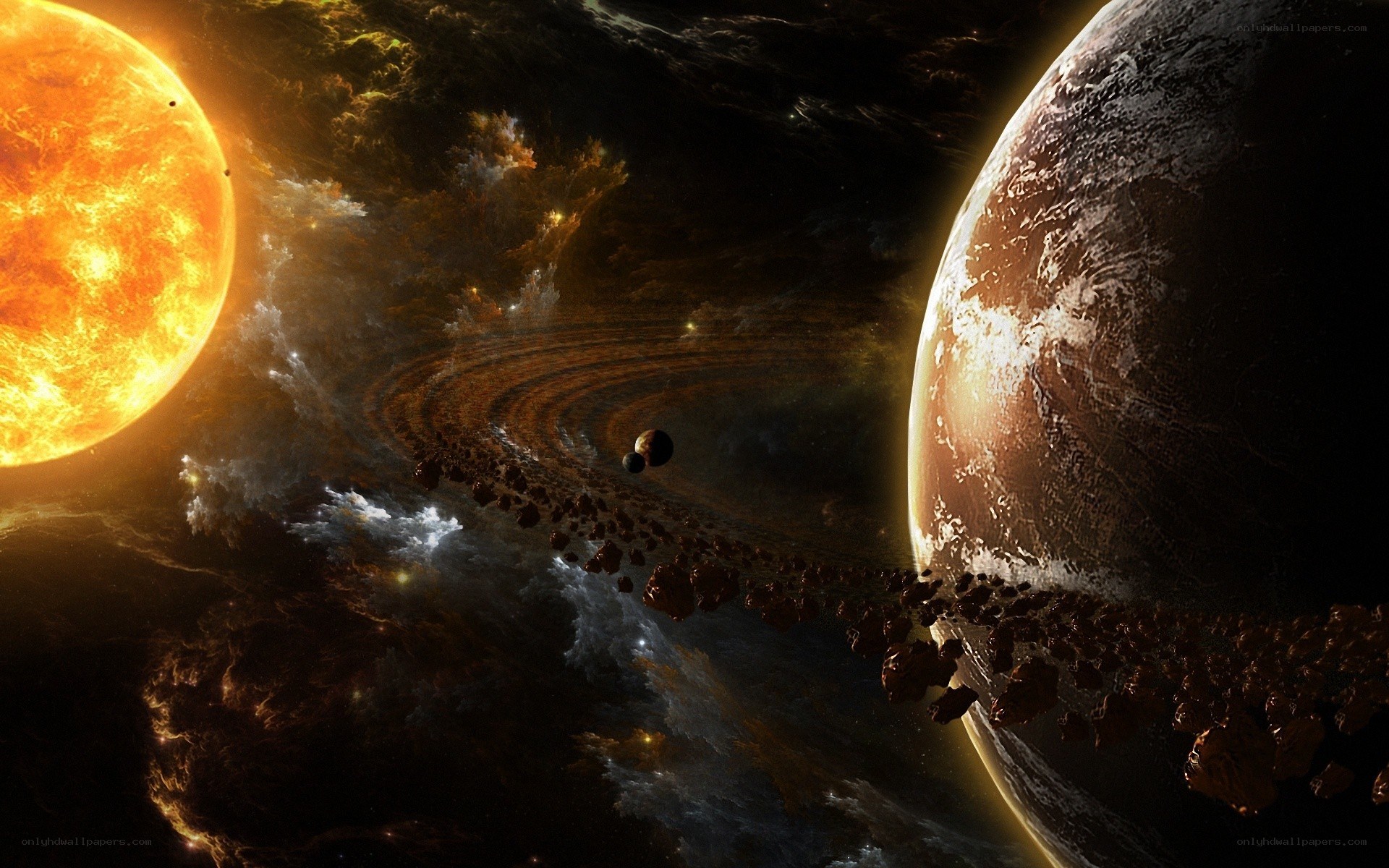Cosmic scene with sun and planets