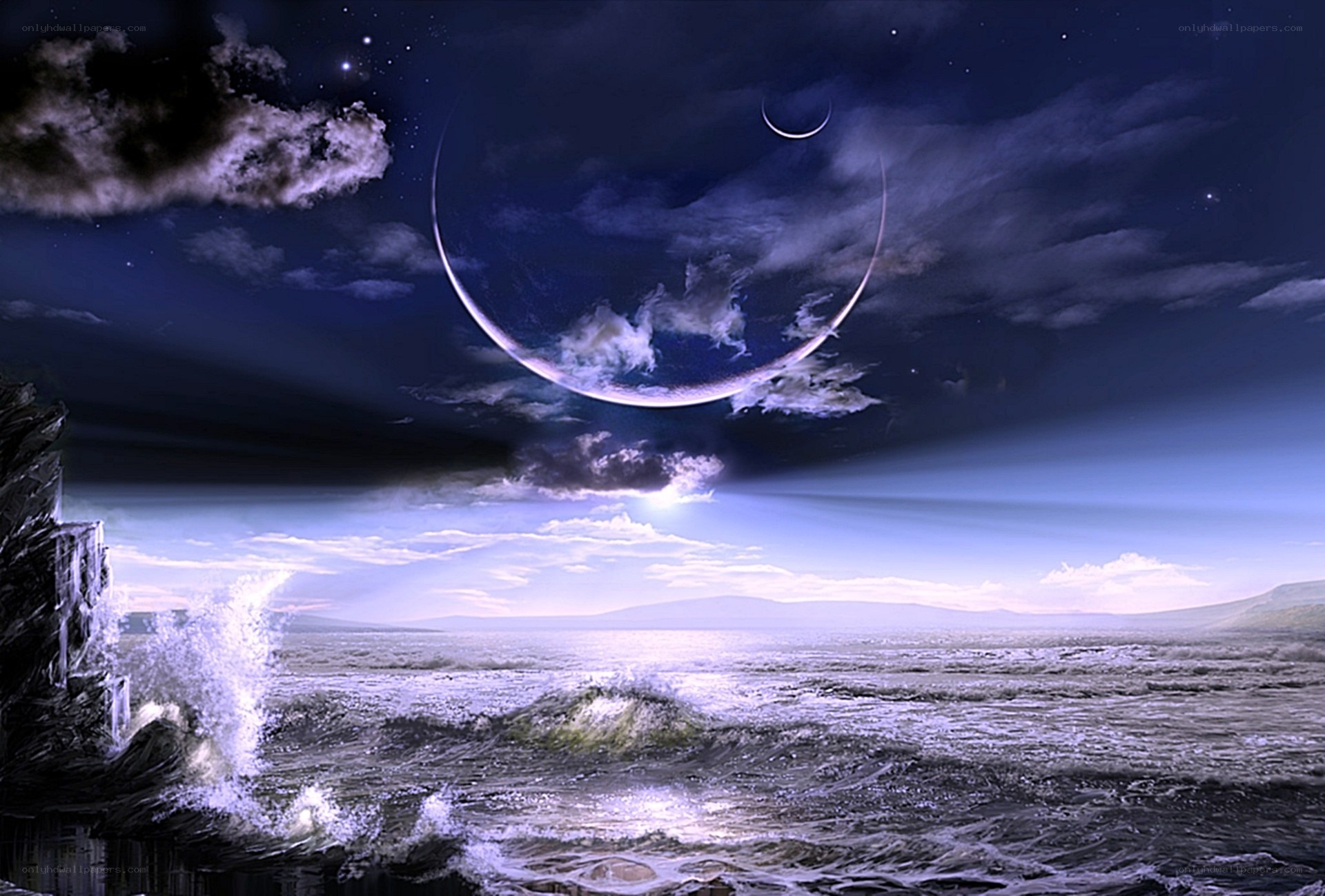 Cosmic seascape with crescent moon