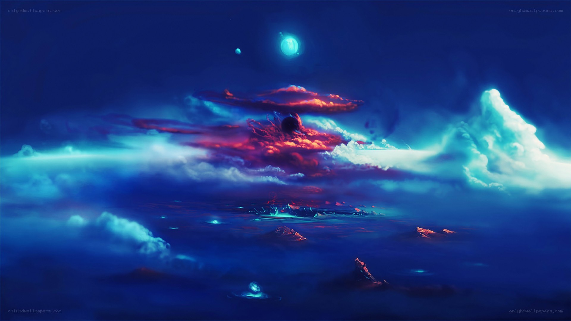 Cosmic seascape with glowing moons