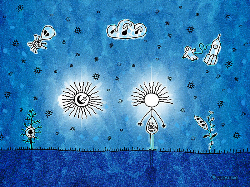 cosmic stick figure scene