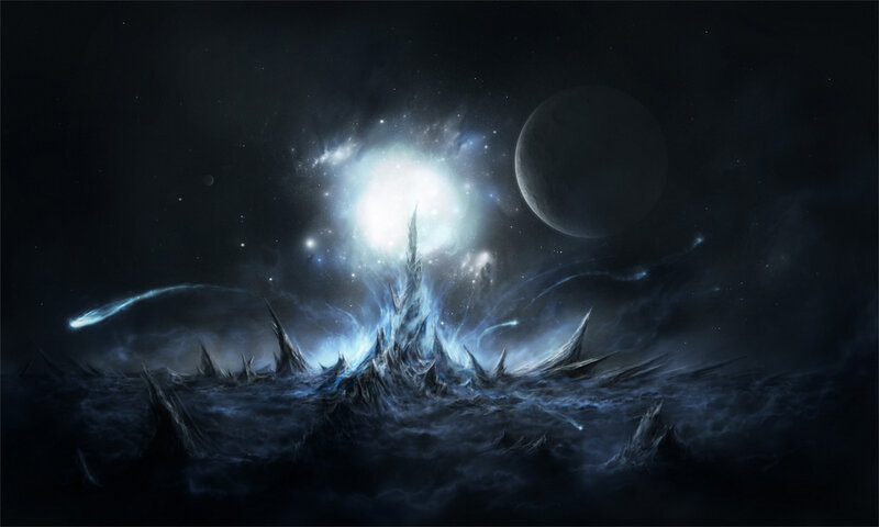 Cosmic storm over alien landscape