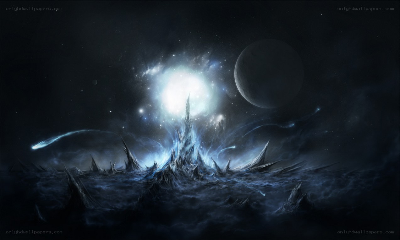 Cosmic storm over alien landscape