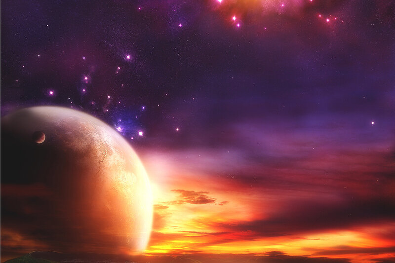 Cosmic sunset on alien planet