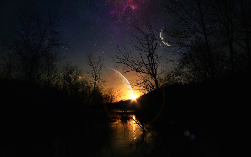 Cosmic sunset over a forest river