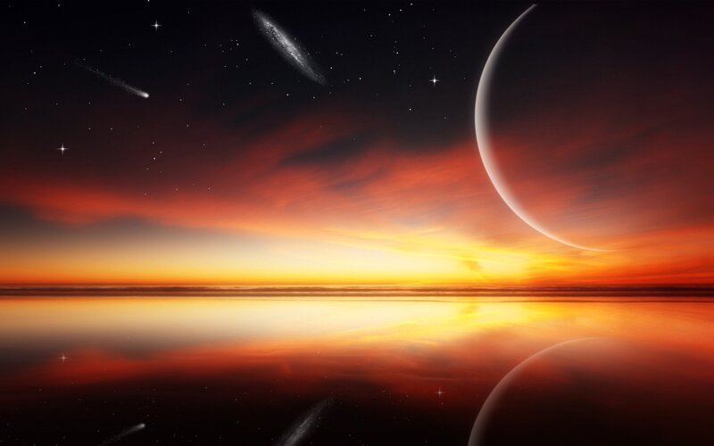 Cosmic sunset over alien planet