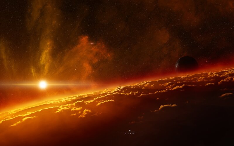 Cosmic sunset over alien planet