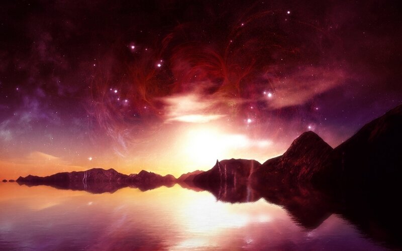 Cosmic sunset over mountains