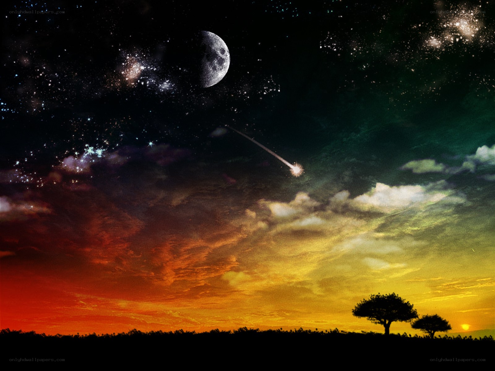 Cosmic sunset with moon and meteor