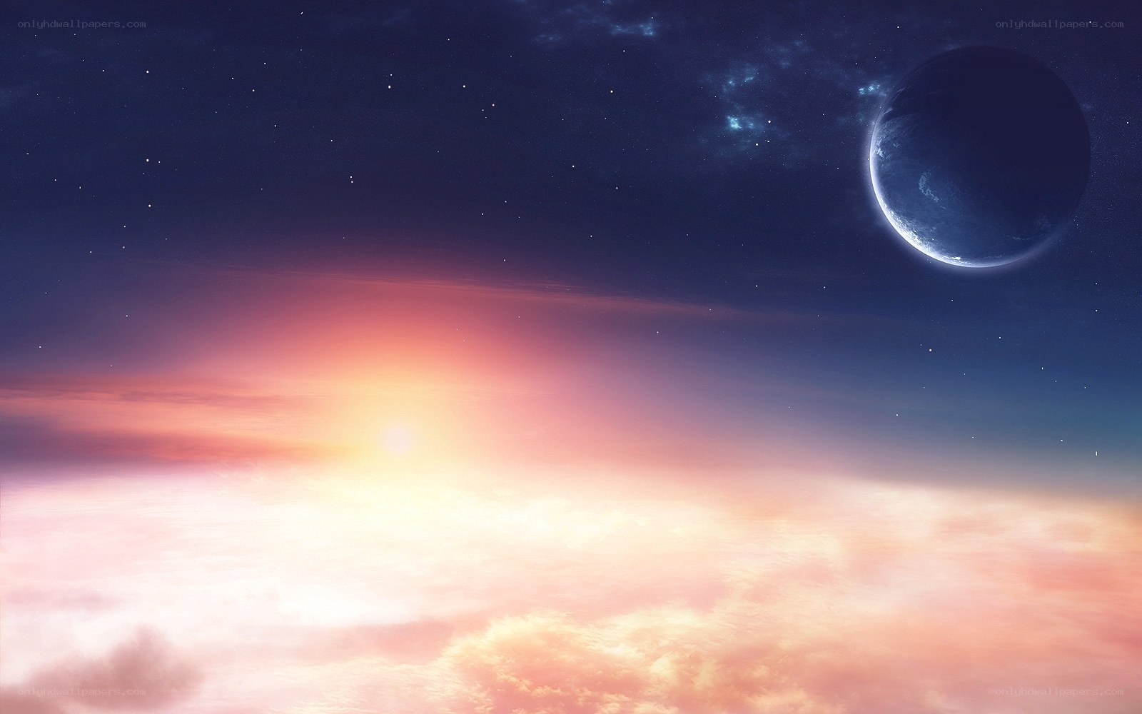Cosmic sunset with planet