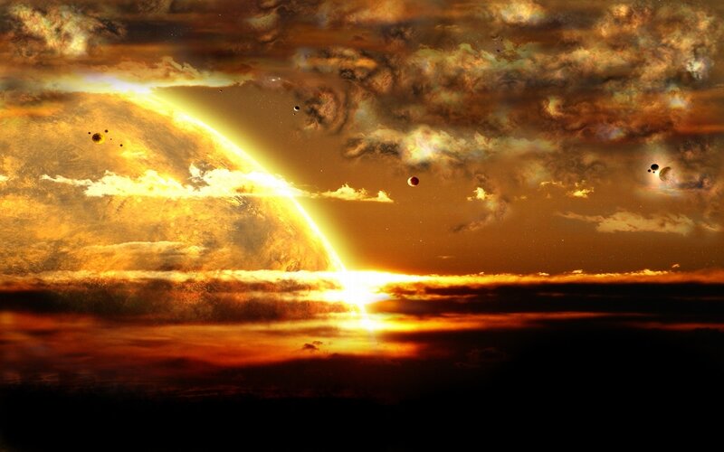 Cosmic sunset with planets