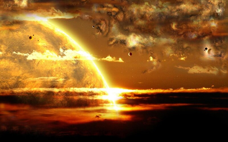 Cosmic sunset with planets