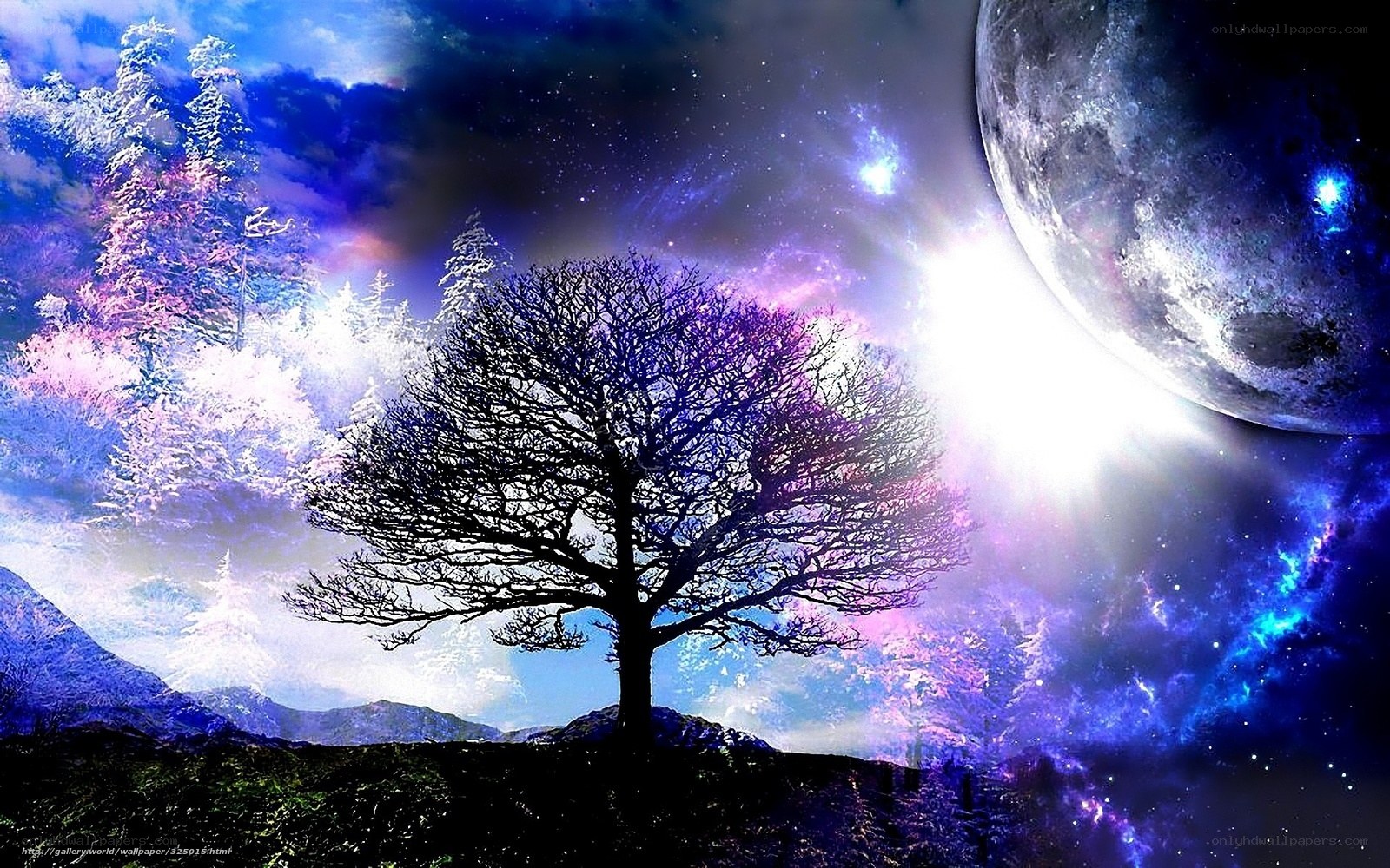 Cosmic tree under a giant moon