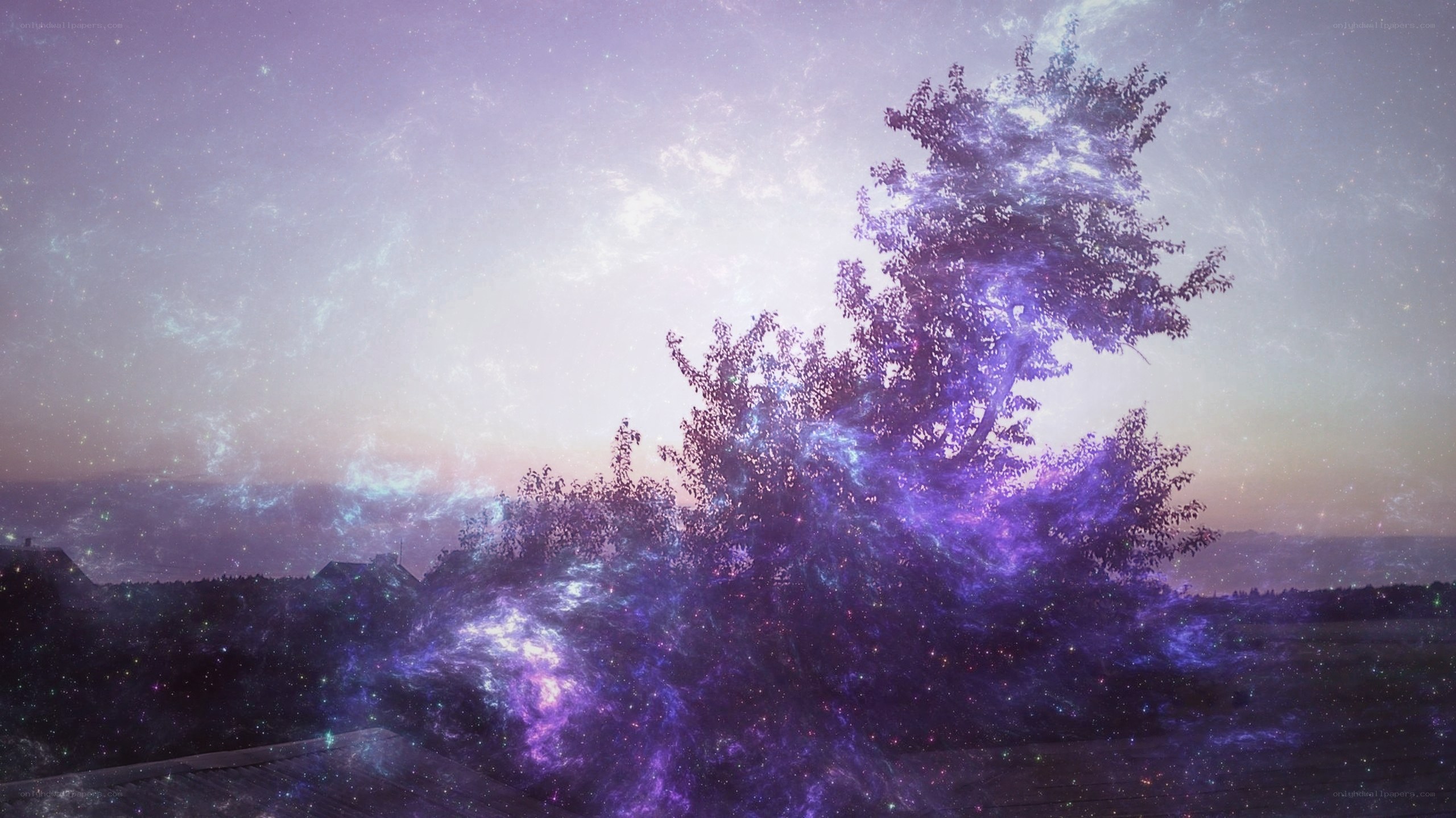 Cosmic tree under starry sky