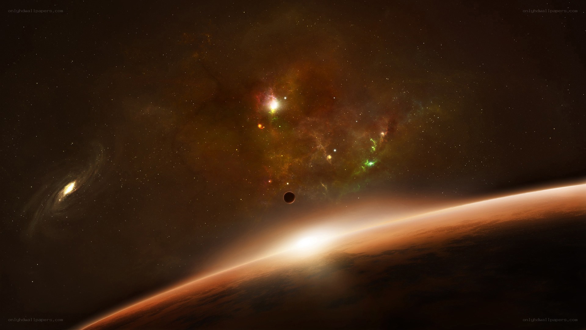 Cosmic vista with planet and nebula