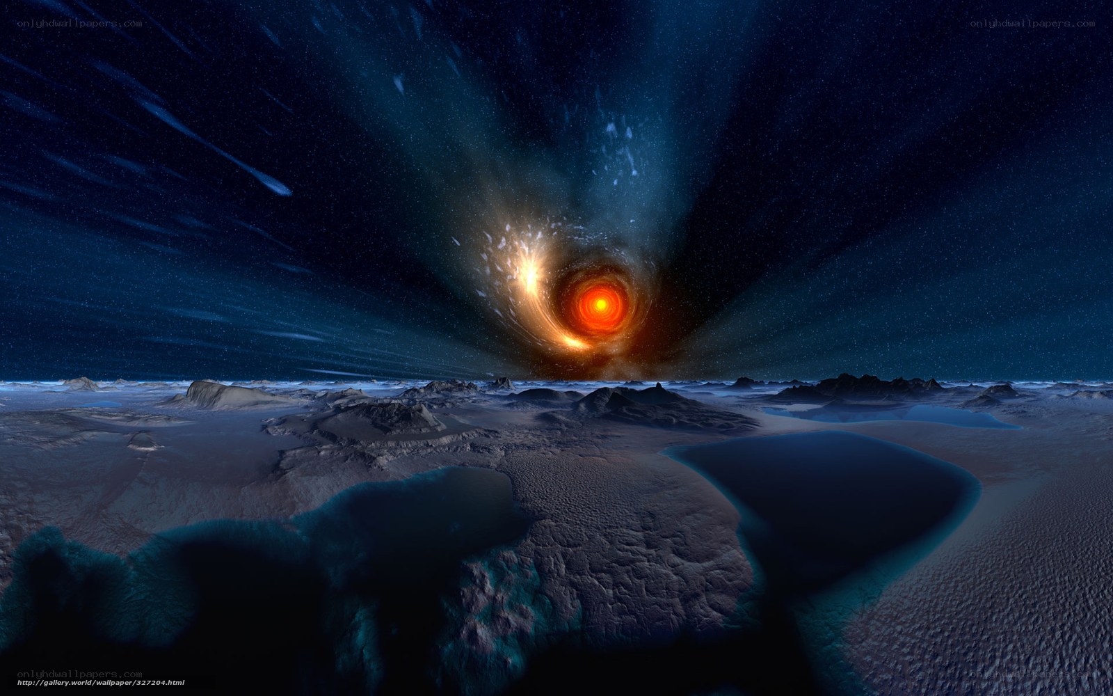Cosmic vortex over alien landscape